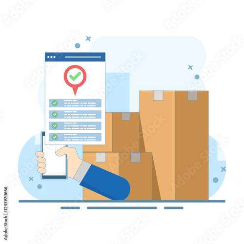 Mobile online cargo courier logistics concept for goods delivery service via city map, for postal warehouse delivery. Package tracking technology. Flat cartoon design illustration.