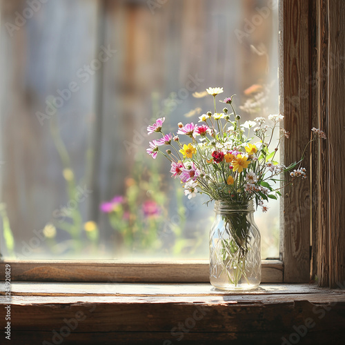 A vintage mason jar with fresh wildflowers on an old wooden windowsill, soft light pouring in and neutral copy space to the side