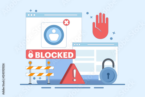 blocked user account concept, shocked and anxious about blocked user account. help user to unblock account. Security from cybercrime activities, hacker attacks, censorship or ransomware. flat design.