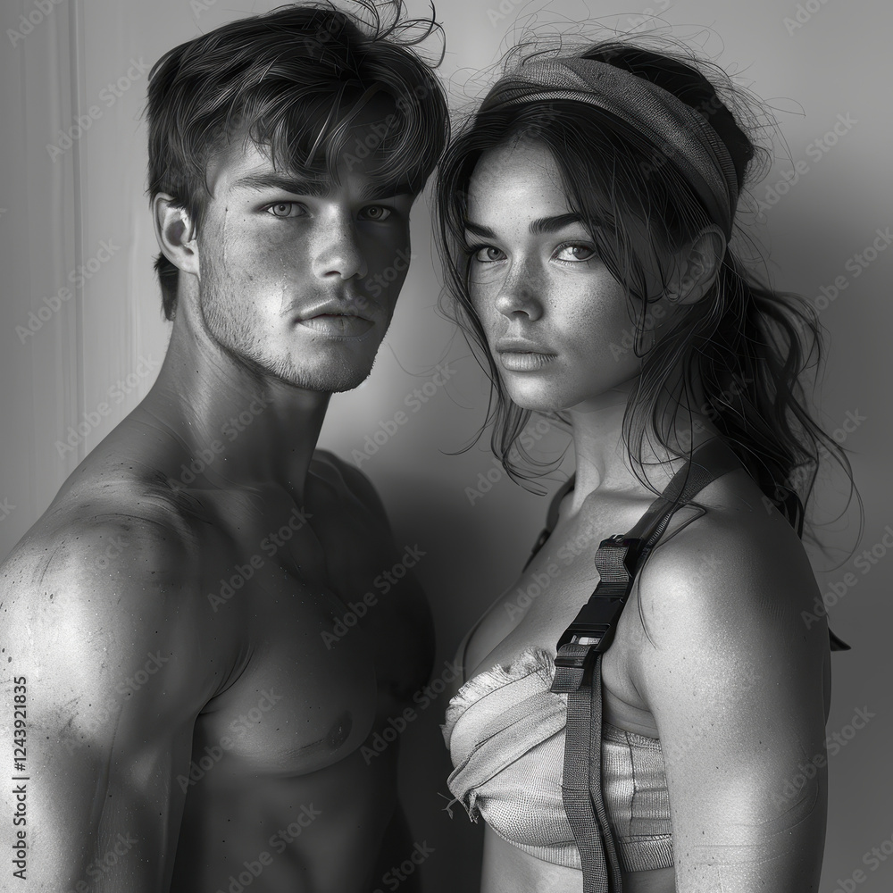 Fototapeta premium striking black and white portrait of male and female model looking to side, exuding confidence