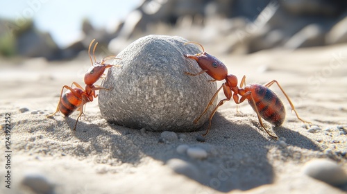 Ants pushing rock, desert landscape, teamwork, macro photo