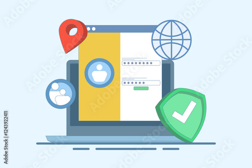 website security system concept. user login to secure website. website access. user information data protection and password. cyberspace and internet. flat vector illustration on background.