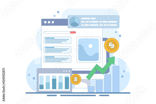 PPC Campaign Concept increase website traffic. PPC Ads for website promotion. Search engine marketing. generate more revenue with high click-through rate. Background vector illustration with icons.