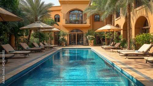 Wallpaper Mural Exclusive villa terrace with a breathtaking pool, sun loungers under shade, and a perfect summer ambiance. Tranquil luxury Torontodigital.ca