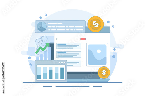 PPC Campaign Concept increase website traffic. PPC Ads for website promotion. Search engine marketing. generate more revenue with high click-through rate. Background vector illustration with icons.