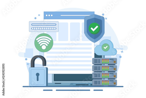 personal data protection concept, information storage in the cloud, user authorization, cloud storage. Cartoon style illustration for landing page, web banner, infographic, main image.