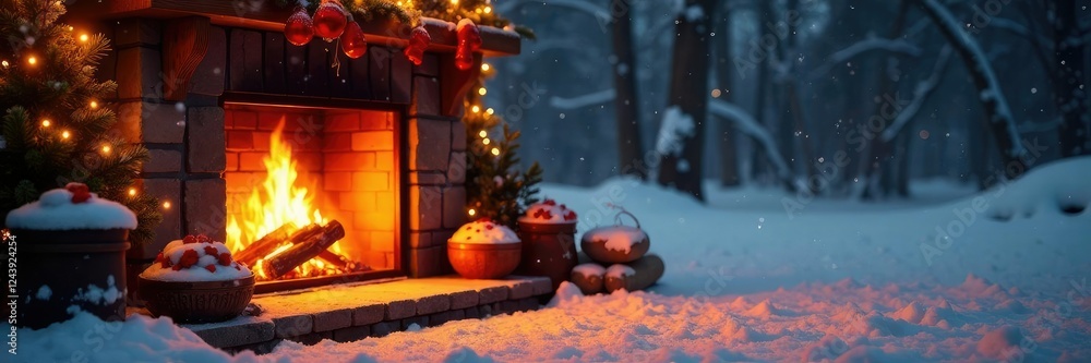 Obraz premium Crackling fire surround warm glow softly falls snow outside, christmas decorations, snowy, fireplace
