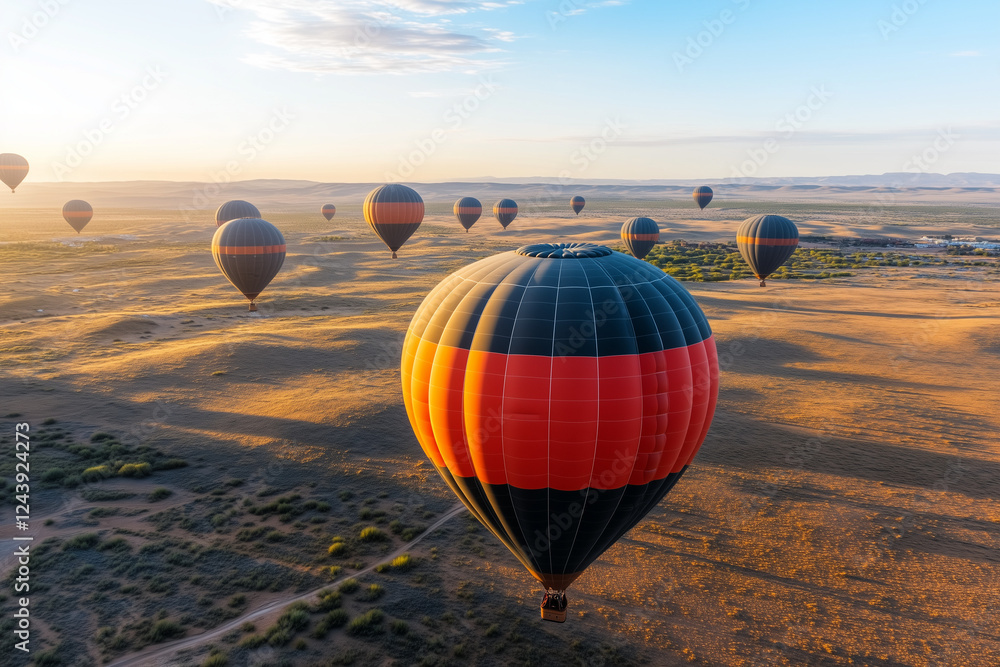 Obraz premium Landscape view of meadow land with hot air balloon, Hot air balloon tour, Aerial view of colorful balloon on the desert.