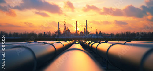 Hydrogen power plant, large steel tanks and pipes, wide angle photo. Clean H2 energy concept as imagined by Generative AI