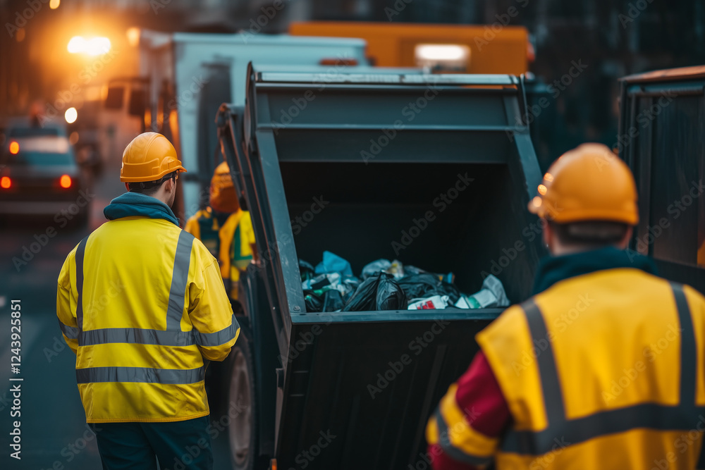 Selective focus garbage collector with garbage dump truck in civilization town, Trash dump truck on the road, Landfill with plenty of waste. Selective focus garbage collector with garbage dump truck in civilization town, Trash dump truck on the road, Landfill with plenty of waste.
