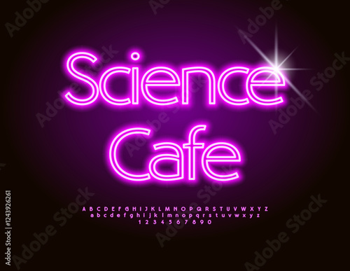 Vector Glowing banner Science Cafe. Violet Neon Font. Bright Led Alphabet Letters and Numbers set.