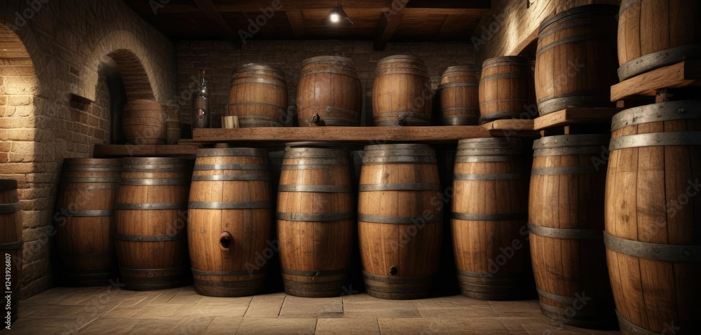 Horizontal shot of aged liquor bottles and wooden barrels in rustic wine cellar, rustic, wine, bottles, aged, liquor Horizontal shot of aged liquor bottles and wooden barrels in rustic wine cellar, rustic, wine, bottles, aged, liquor