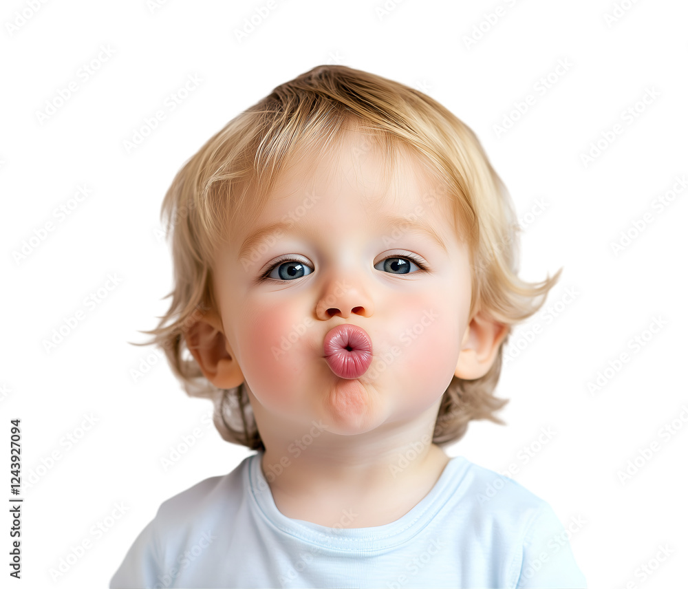 Adorable baby boy with blond hair making a funny kissy face, a sweet and innocent expression full of playful charm, capturing childhood innocence, cutout, isolated on white background Adorable baby boy with blond hair making a funny kissy face, a sweet and innocent expression full of playful charm, capturing childhood innocence, cutout, isolated on white background