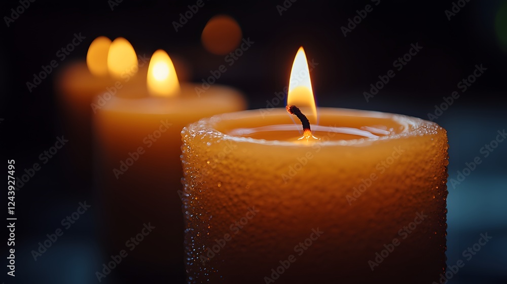 Lit Candle Surrounded by Warm Bokeh Lights on a Table Lit Candle Surrounded by Warm Bokeh Lights on a Table