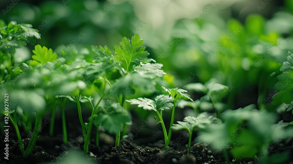 Healthy parsley plants with delicate, curly leaves growing in an outdoor herb garden. Bright and natural Healthy parsley plants with delicate, curly leaves growing in an outdoor herb garden. Bright and natural