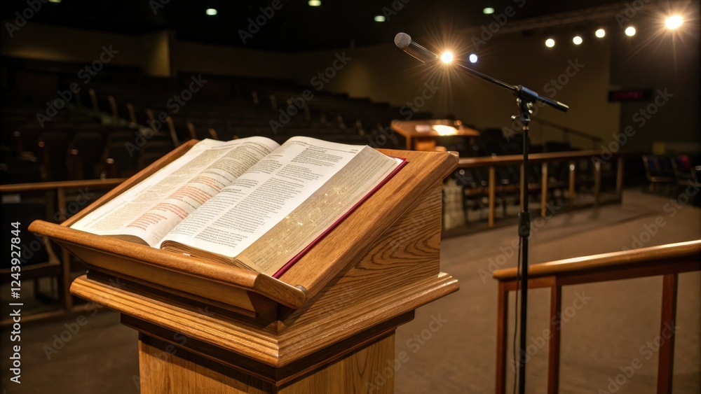 Naklejka premium Illuminated Bible on a wooden pulpit with warm lighting, holy, pulpit, divine