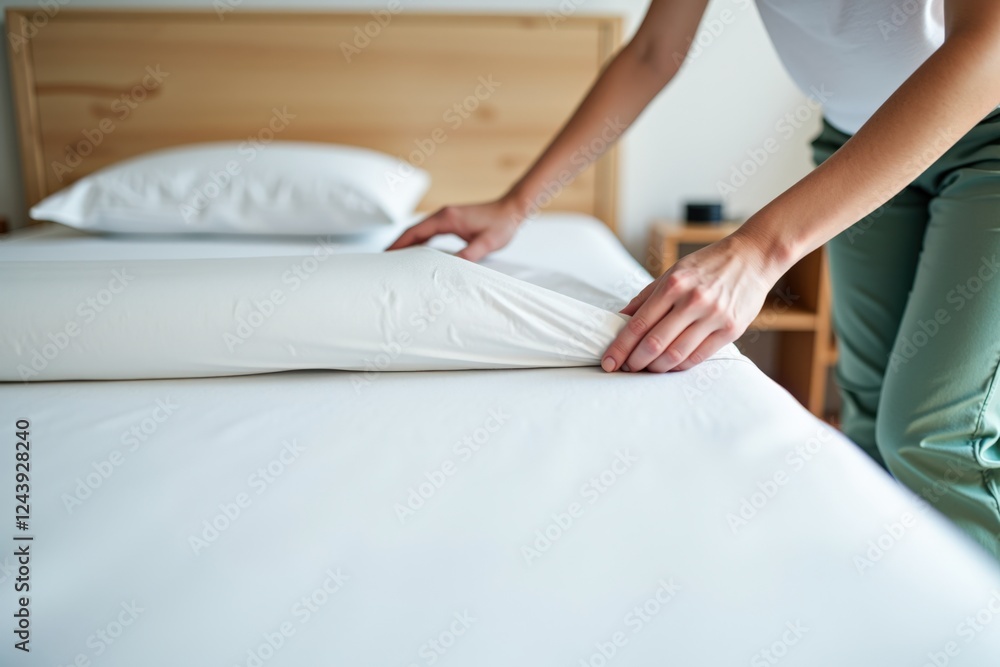 A Person Folding Bed Sheets on a Freshly Made Bed in a Bright Room with Natural Light, Highlighting Home Organization and Cleanliness A Person Folding Bed Sheets on a Freshly Made Bed in a Bright Room with Natural Light, Highlighting Home Organization and Cleanliness