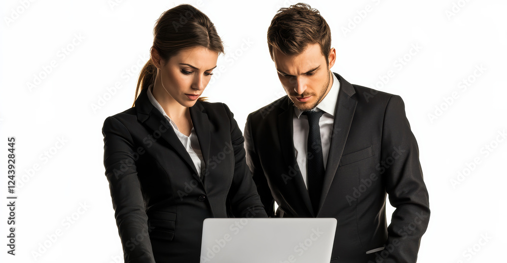 a businessman and businesswoman reviewing content on a laptop, portraying focus, professionalism, and teamwork. It is perfect for corporate marketing and business presentations. a businessman and businesswoman reviewing content on a laptop, portraying focus, professionalism, and teamwork. It is perfect for corporate marketing and business presentations.