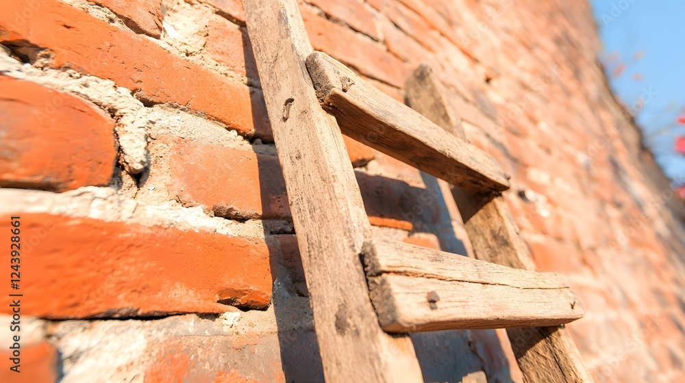 Rustic Wooden Ladder Against a Textured Brick Wall Background Rustic Wooden Ladder Against a Textured Brick Wall Background