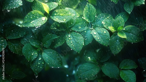 Gentle rain falling on green leaves