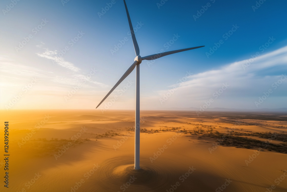 Obraz premium Landscape view of wind turbine farming on desert with sun set view, Selective focus wind turbine with generator in desert, Renewable energy concept.