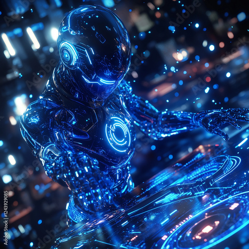 Futuristic abstract scene, sound waves in vibrant blue tones, humanoid robots with sleek metallic bodies generating