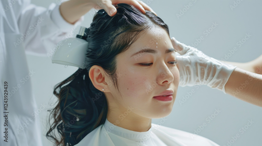 Fototapeta premium Relaxing Hair Treatment Session in Modern Salon with Professional Care and Attention to Detail