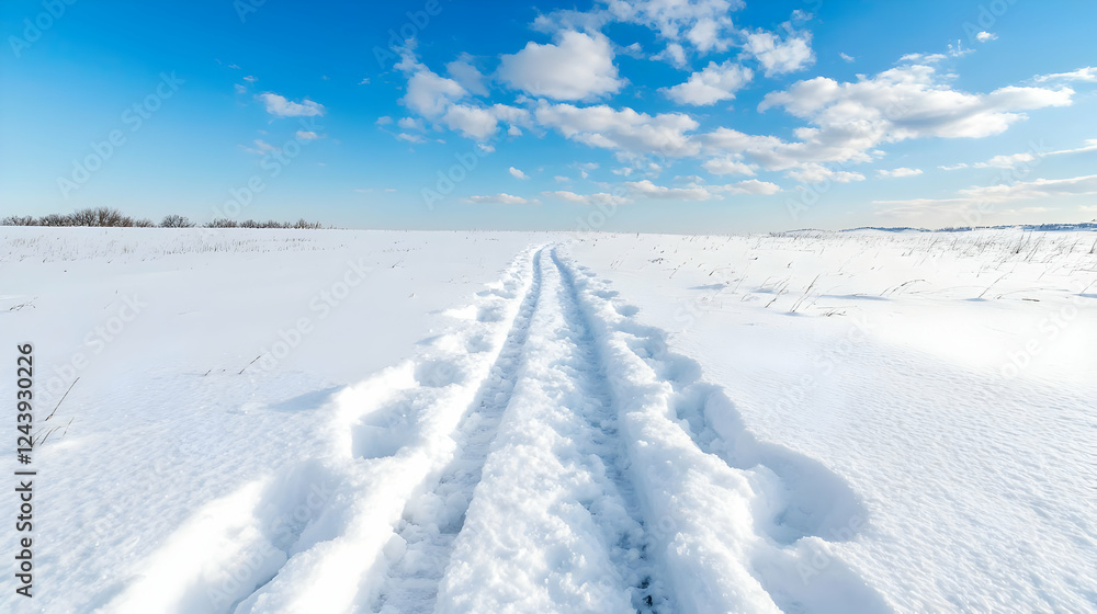 Snowmobile tracks across snowy field, blue sky. Winter landscape for travel brochures Snowmobile tracks across snowy field, blue sky. Winter landscape for travel brochures