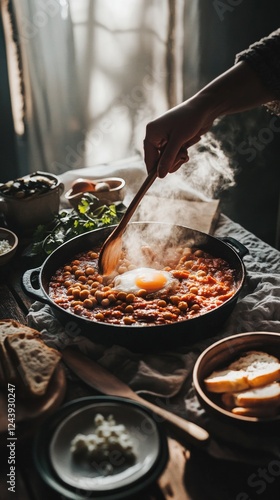 Rustic shakshuka with chickpeas, eggs, and tomato sauce. Dark moody lighting, cast-iron skillet, perfect for Mediterranean food themes. Hearty homemade comfort meal.