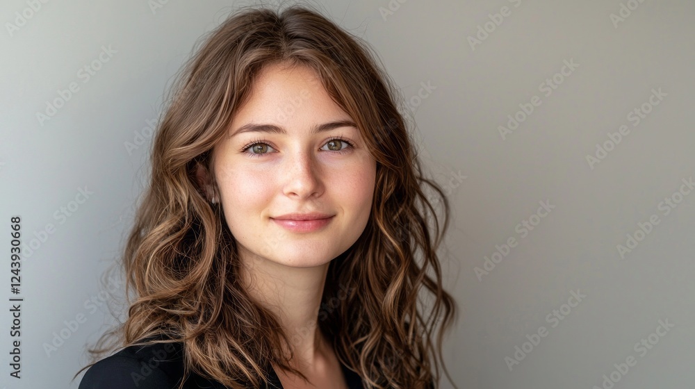 Naklejka premium A young woman with flowing, wavy hair showcases her warm smile, exuding confidence and kindness. The muted backdrop enhances her natural beauty, inviting connection and engagement