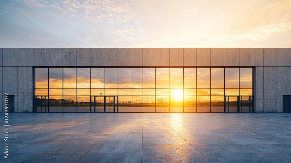 Fototapeta premium Modern Architectural Design: Sunset Reflection in a Glass Facade Building