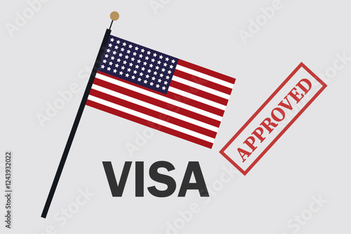USA visa approval concept with American flag and red approved stamp on a neutral background, symbolizing travel success.