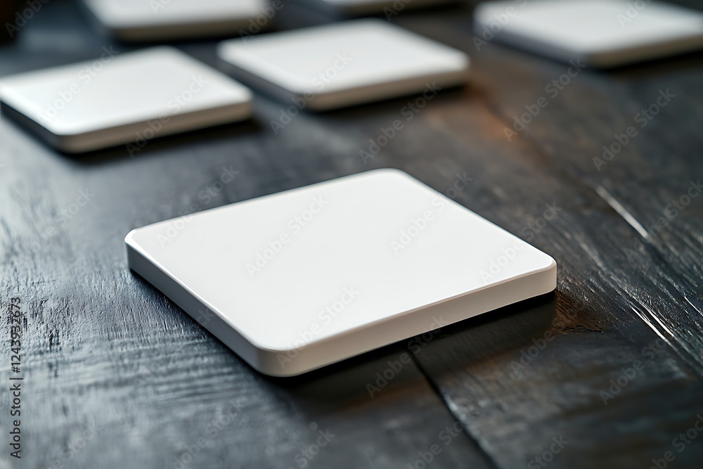 Fototapeta premium Blank White Square Device on Dark Wooden Surface