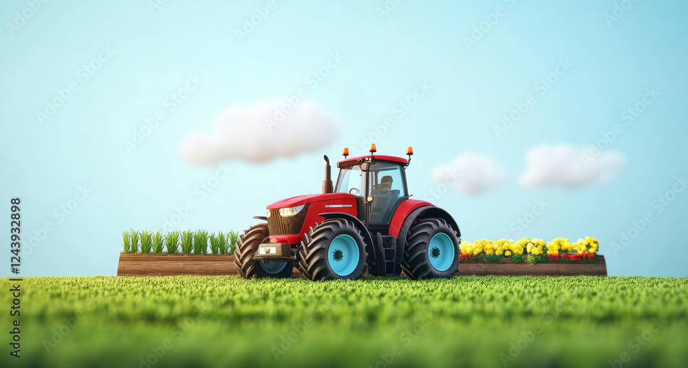 Fototapeta premium Modern tractor operates efficiently in vibrant fields, cultivating crops and flowers under a clear blue sky.