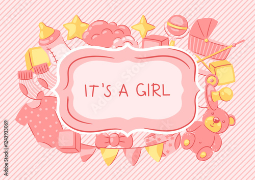 Baby shower frame. New born baby girl Happy Birthday.