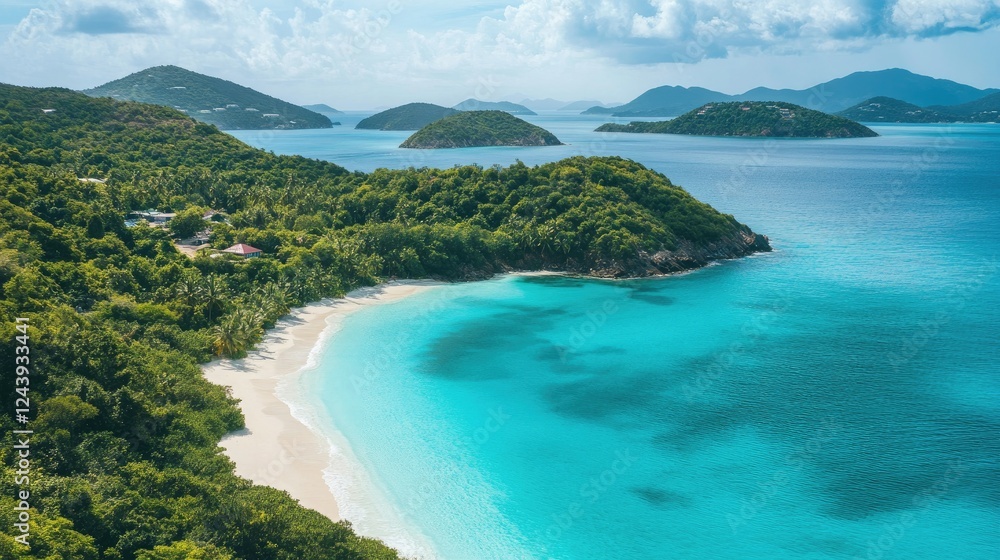 Fototapeta premium Peaceful island setting with dense green trees, soft white sand, and a calm turquoise sea stretching to the horizon