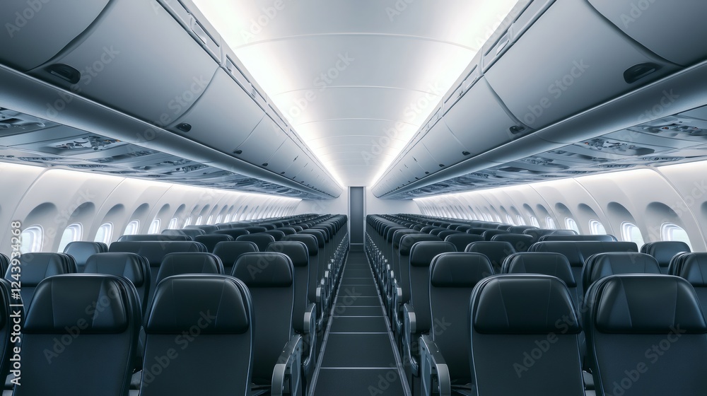 Rows of comfortable, modern airplane cabin seats stretch towards the back of an empty aircraft, showcasing a clean and contemporary design ready for passengers Rows of comfortable, modern airplane cabin seats stretch towards the back of an empty aircraft, showcasing a clean and contemporary design ready for passengers