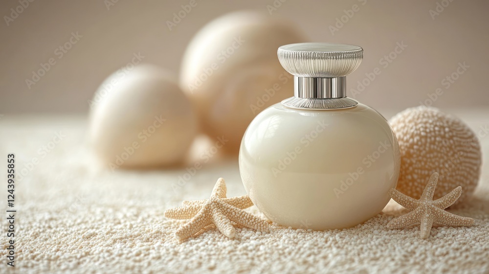Beige perfume bottle on textured sand with seashells and orbs Beige perfume bottle on textured sand with seashells and orbs