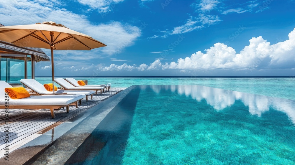 Stunning private villa with modern sun beds, a shaded umbrella, and a luxurious pool reflecting the blue sky. Peaceful paradise Stunning private villa with modern sun beds, a shaded umbrella, and a luxurious pool reflecting the blue sky. Peaceful paradise