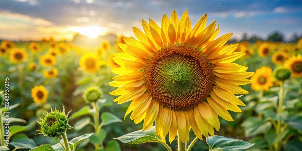 Obraz premium Large sunflower plant with multiple blooms and seed heads growing out of the center, garden, landscape, flowers, sunflower, growth
