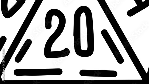 DND Dice with sword and shield. Rpg board game character. Fantasy icosahedron wargame. 20-sided tabletop icon, cartoon style on white background