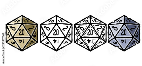 Set of D20 Dice. DND board Game. Tabletop fantasy icosahedron collection with 20 side