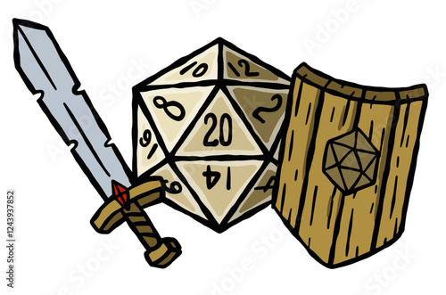 DND Dice with sword and shield. Fantasy icosahedron wargame. 20-sided tabletop icon, cartoon style on white background. Rpg board game character