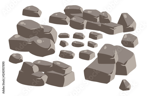 Stone boulder. Pile of rubble rock block. Heap of broken gravel. Natural solid cracked mineral. Big mountain geology material. Granite debris and grey cobble