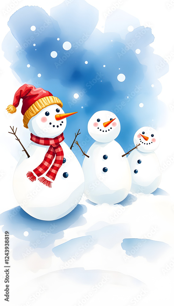 Watercolor funny snowmen, smooth light. with white shades Watercolor funny snowmen, smooth light. with white shades