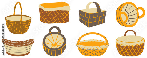 Set of different realistic empty wicker cats. Vector illustrations. A collection of handmade straws, a container or a cat, isolated with white aphids. Flat graphic vector illustration.