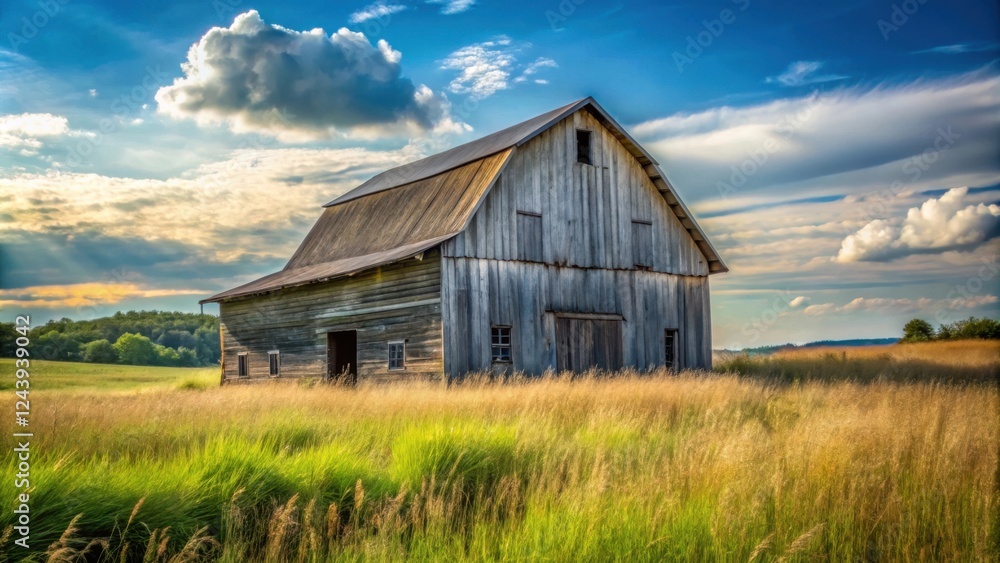 Rustic Wooden Barn in a Sunlit Meadow with Rolling Hills in the Distance Rustic Wooden Barn in a Sunlit Meadow with Rolling Hills in the Distance