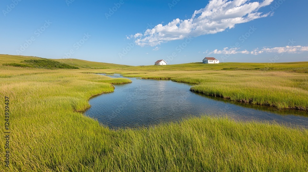 Obraz premium Serene coastal marsh, two houses, sunny sky. Ideal for travel brochures