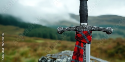 scottish national spirit, a striking tartan sash draped over a scottish claymore sword, set against a soft, misty highland landscape