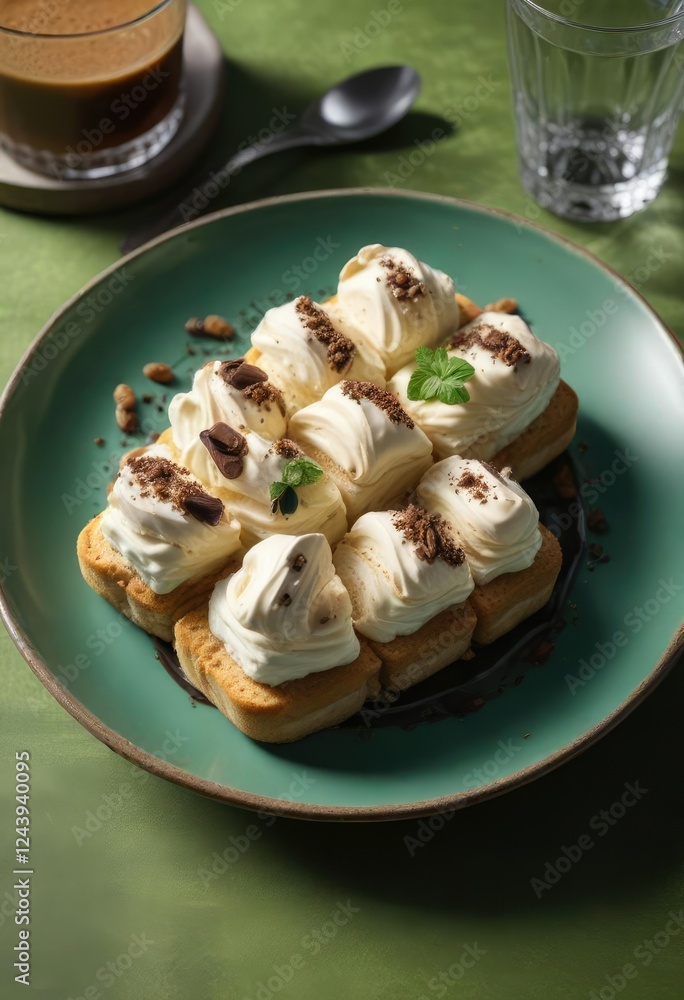 Layered ladyfingers soaked in coffee and liqueur, topped with a creamy mascarpone dessert, on a green plate , green plate, coffee liqueur, ladyfingers Layered ladyfingers soaked in coffee and liqueur, topped with a creamy mascarpone dessert, on a green plate , green plate, coffee liqueur, ladyfingers